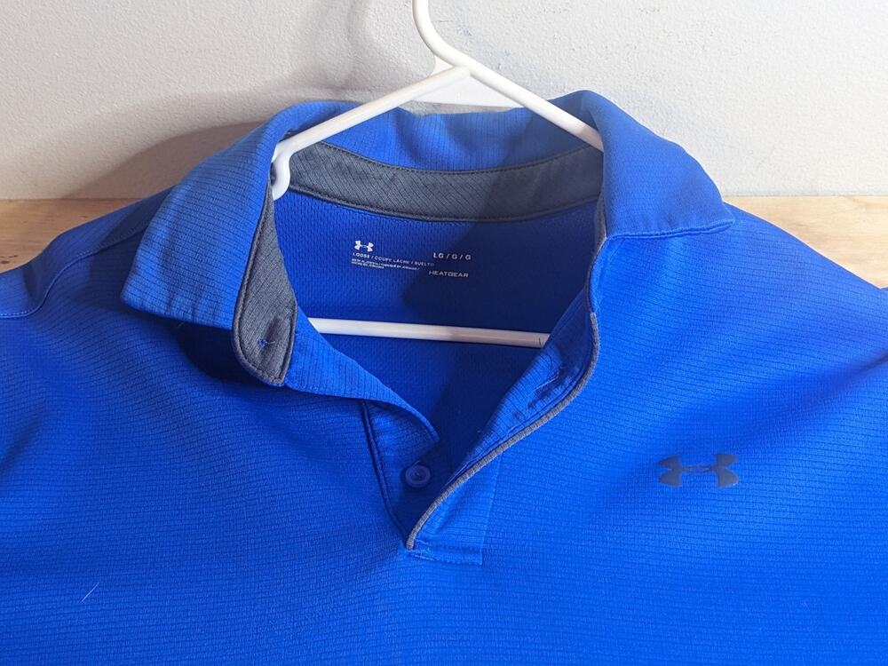 Under Armour Tech Polo Size LARGE Loose Heat Gear Blue Atlantis Pitch Gray 402